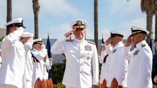 (June 16, 2022) – Vice Adm. Michael Boyle salutes sideboys during his change of command ceremony at Naval Base Point Loma, June 16. Boyle became the 32nd commander of U.S. 3rd Fleet, a combat-ready force of more than 68,000 people, 100 ships and 400 aircraft stationed throughout California, Hawaii and Washington. An integral part of U.S. Pacific Fleet, U.S. 3rd Fleet not only leads naval forces in the Indo-Pacific, but also provides the realistic, relevant training necessary to flawlessly execute our Navy’s role across the full spectrum of military operations—from combat operations to humanitarian assistance and disaster relief. U.S. 3rd Fleet works together with our allies and partners to advance freedom of navigation, the rule of law, and other principles that underpin security for the Indo-Pacific region. (U.S. Navy photo by Mass Communication Specialist 2nd Class Maria G. Llanos)