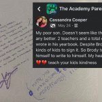 Brody Ridder's yearbook and mother's FB post