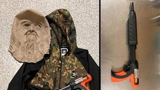 The San Diego County Sheriff's Department released phtoos of evidence recovered during an investigation into a string of school robberies. Evidence included a nail gun, a old person mask and a camo sweater.