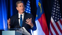 North Carolina Governor Roy Cooper speaks to the crowd during an election night event for Democratic Senate candidate Cheri Beasley on May 17, 2022 in Raleigh, North Carolina.