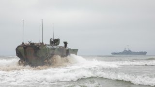 CAMP PENDLETON, Calif. (July 11, 2022) β An Amphibious Combat Vehicle (ACV) with the 3d Assault Amphibian Battalion, 1st Marine Division, prepares to approach USS Makin Island. (U.S. Navy photo by Chief Mass Communication Specialist Michael Gomez)