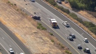 SkyRanger 7 is over the scene of a deadly crash on Interstate 8 near Alpine on July 15, 2022.