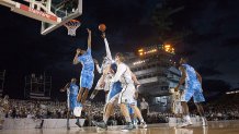 North Carolina's John Henson (31) tries to block a shot by Michigan State's Draymond Green (10) in the first half in the Tar Heels' 67-55 victory on Friday, November 11, 2011, aboard the USS Carl Vinson in San Diego, California. (Robert Willett/Raleigh News & Observer/Tribune News Service via Getty Images)