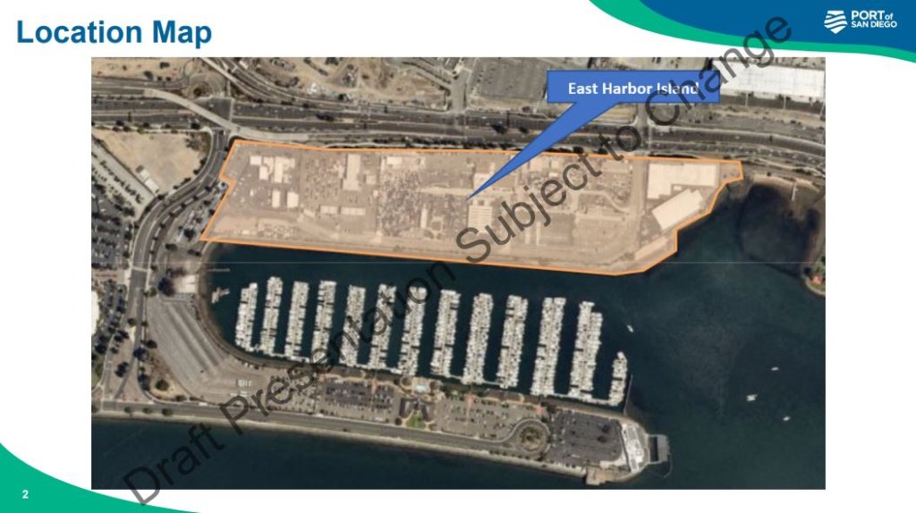 A slide from a Port of San Diego presentation detailing a conceptual redevelopment plan for 48 acres on Harbor Island.