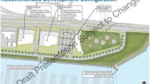 Sketches showing potential layouts of a 48-acre section of Harbor Island where the Port of San Diego is considering a TopGolf venue and hotels.