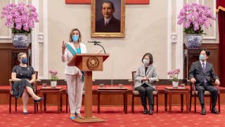 U.S. House Speaker Nancy Pelosi speaks during a meeting with Taiwanese President President Tsai Ing-wen