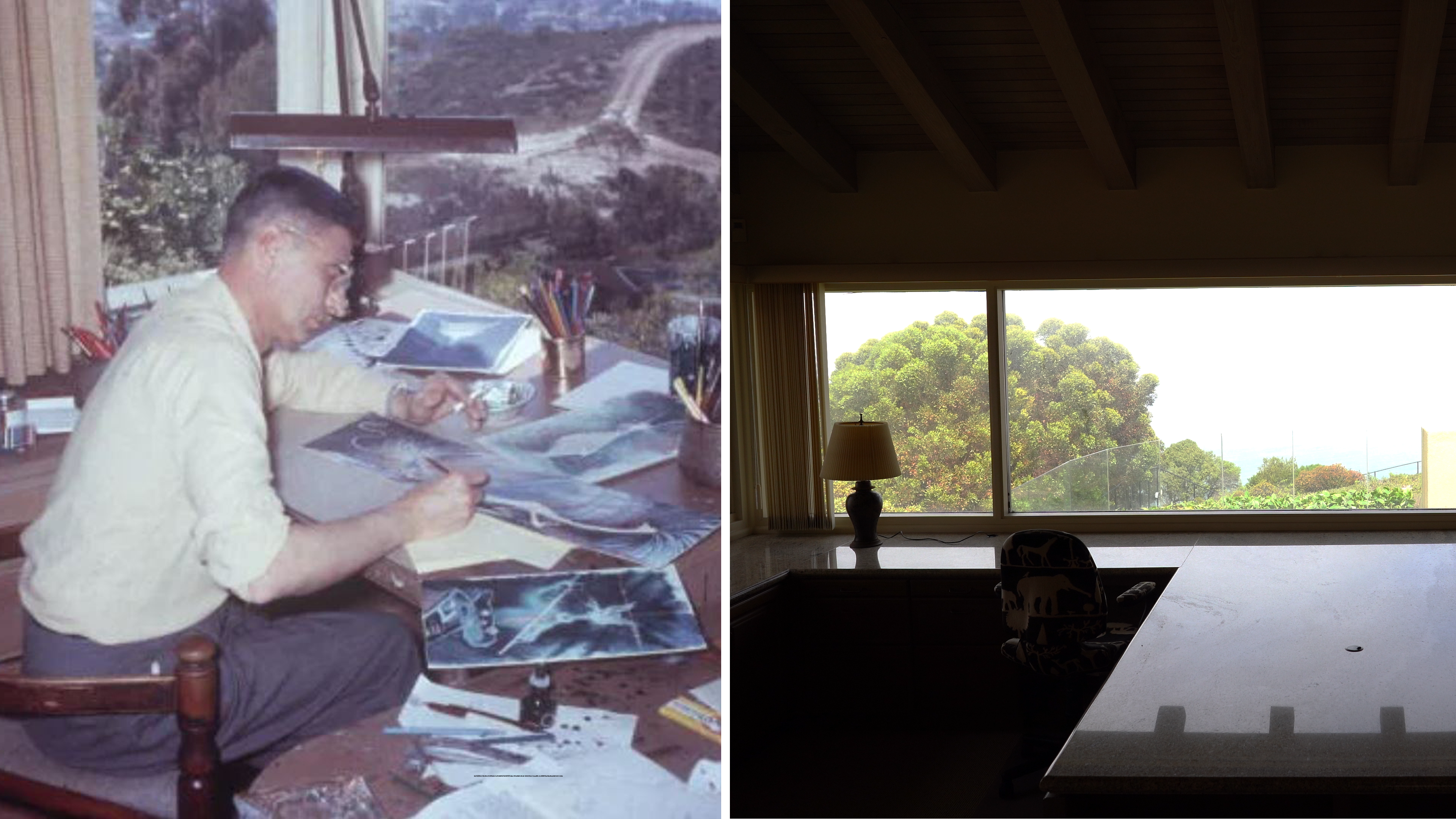 A side-by-side of Dr. Seuss in his office in 1957 and his office in 2022. 