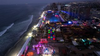 This aerial view shows the Baja Beach Fest music festival in Playas de Rosarito, Baja Caifornia, Mexico August 21, 2021, amid the coronavirus pandemic.