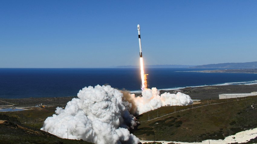 A SpaceX Falcon 9 rocket lifts off.