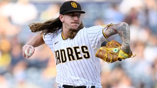 Mike Clevinger of the San Diego Padres pitches in the first inning against the Colorado Rockies Aug. 1, 2022, at Petco Park.