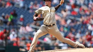 Blake Snell #4 of the San Diego Padres pitches in the sixth inning during the game between the San Diego Padres and the Washington Nationals at Nationals Park on Sunday, August 14, 2022 in Washington, District of Columbia.