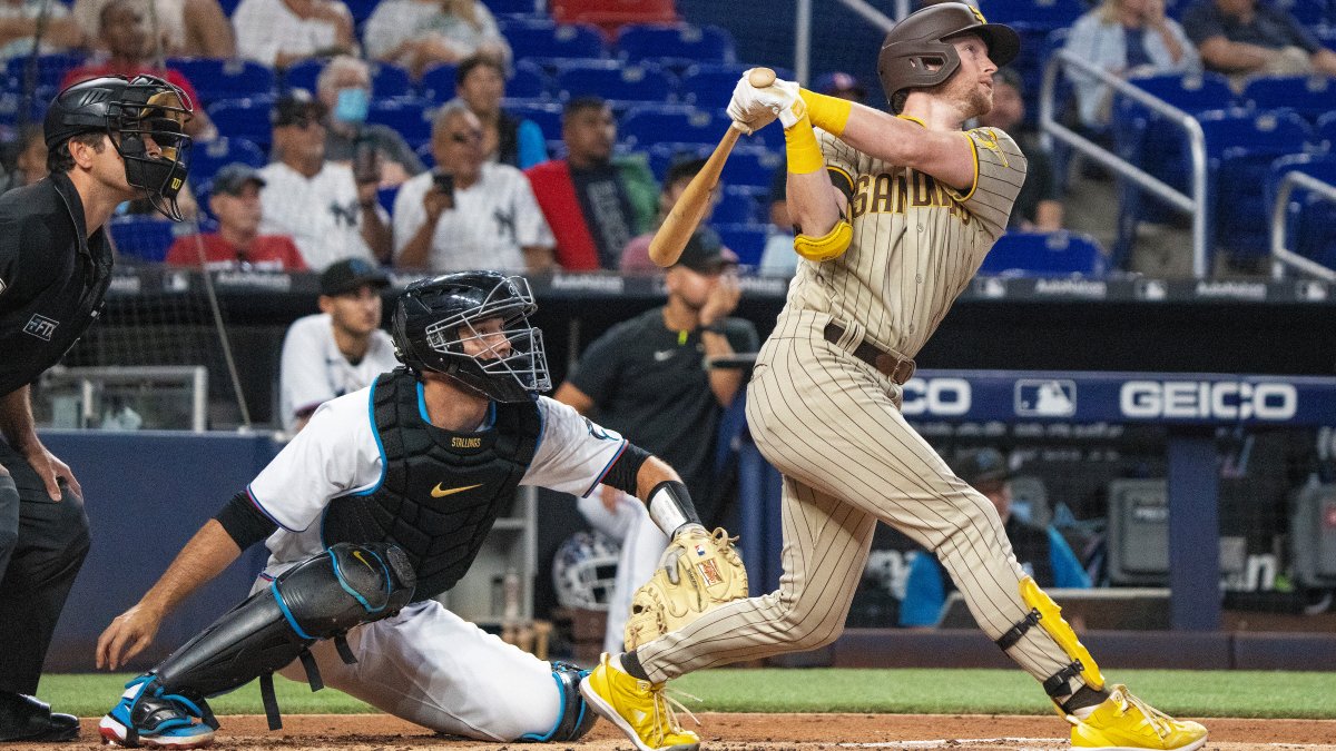 Jon Berti of the Miami Marlins runs towards first base after hitting  News Photo - Getty Images