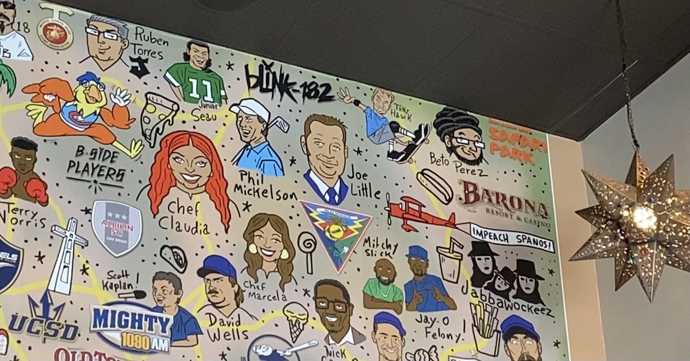 NBC 7's Joe Little featured as part of a mural at El Pollo Grill in Otay Ranch. August 9, 2022.