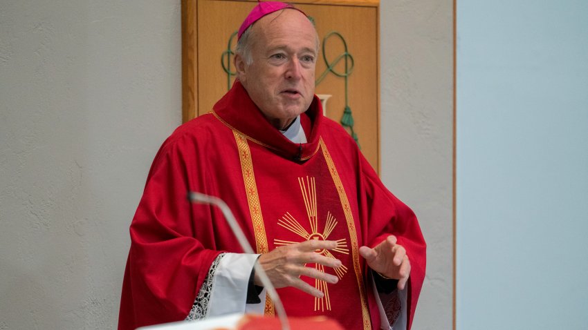 Cardinal-Designate Robert McElroy, Bishop of the Catholic Diocese of San Diego, CA says daily mass at the San Diego Pastoral Center on August 10, 2022.