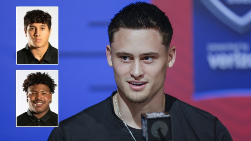 Matt Araiza at an NFL Draft Combine interview (main), and SDSU Athletics profile photos of Nowlin "Pa'a" Ewaliko (top) and Zavier Leonard (bottom).