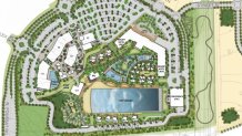 The development plan shows a 3.5-acre wave pool surrounded by hundreds of hotel rooms, bungalows and even airstream trailers for "glamping." To the left is a 134,000 square-foot commercial and retail space.