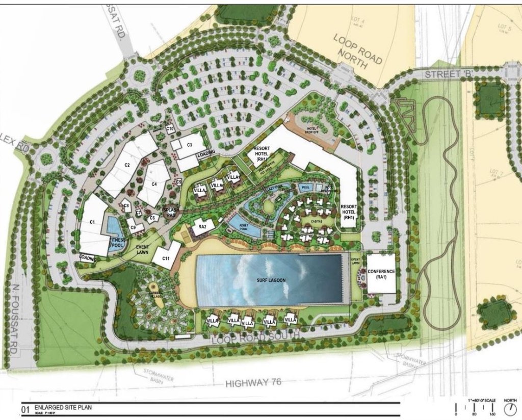 The development plan shows a 3.5-acre wave pool surrounded by hundreds of hotel rooms, bungalows and even airstream trailers for "glamping." To the left is a 134,000 square-foot commercial and retail space.