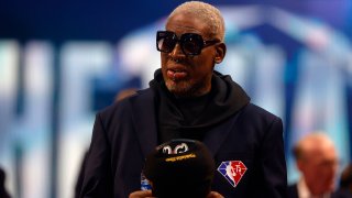 Dennis Rodman is introduced as a member of the NBA's 75th Anniversary Team during the 2022 NBA All-Star Game.