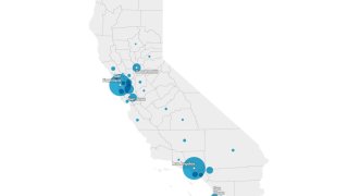 A map shows the spread of monkeypox cases in California as of Aug. 3, 2022.