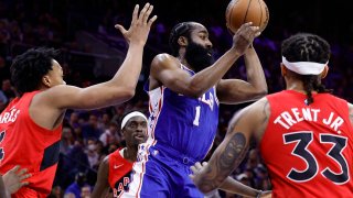 James Harden of the Philadelphia 76ers looks to pass against the Toronto Raptors during game five of the Eastern Conference First Round on April 25, 2022.