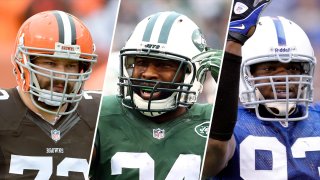 From left: Joe Thomas, Darrelle Revis and Dwight Freeney are among the 129 nominees for the 2023 Pro Football Hall of Fame.