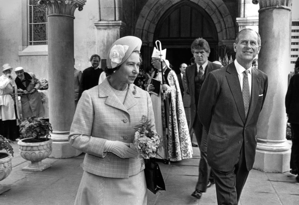 Queen Elizabeth II departs St. Paul's Church during her West Coast tour of the United States accompanied by Prince Philip on February 27, 1983 in San Diego, California. Her Majesty Queen Elizabeth II and His Royal Highness The Duke of Edinburgh traveled throughout California and up to Seattle, meeting political dignitaries, movie stars, and tech giants between February 26 to March 7, 1983.