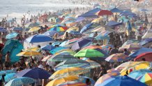 SANTA MONICA, CALIFORNIA - SEPTEMBER 04: People gather on Santa Monica beach amid an intense heat wave in Southern California on September 4, 2022 in Santa Monica, California. The National Weather Service issued an Excessive Heat Warning for most of Southern California through September 7. Climate models almost unanimously predict that heat waves will become more intense and frequent as the planet continues to warm. (Photo by Mario Tama/Getty Images)