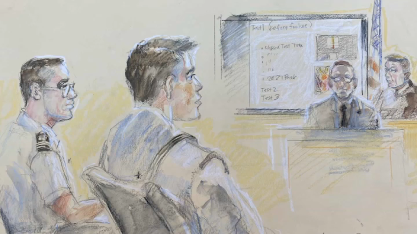 A sketch of Seaman Ryan Sawyer Mays in court as he’s tried for setting for to USS Bonhomme Richard.