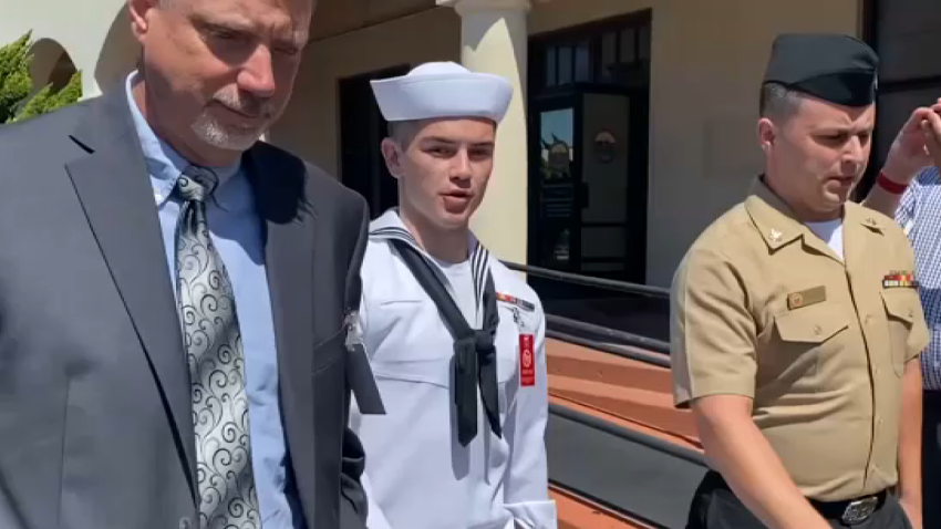 Navy sailor Ryan Mays during a break in court proceedings on Sept. 19, 2022. Mays is accused of starting a fire on the USS Bonhomme Richard that burned for days and destroyed the ship in 2020.