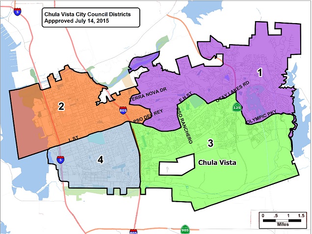 A map breaking down Chula Vista by its four city council districts.