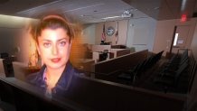 This photo illustration shows an undated picture of Connie Dadkhah and an empty San Diego County Courtroom