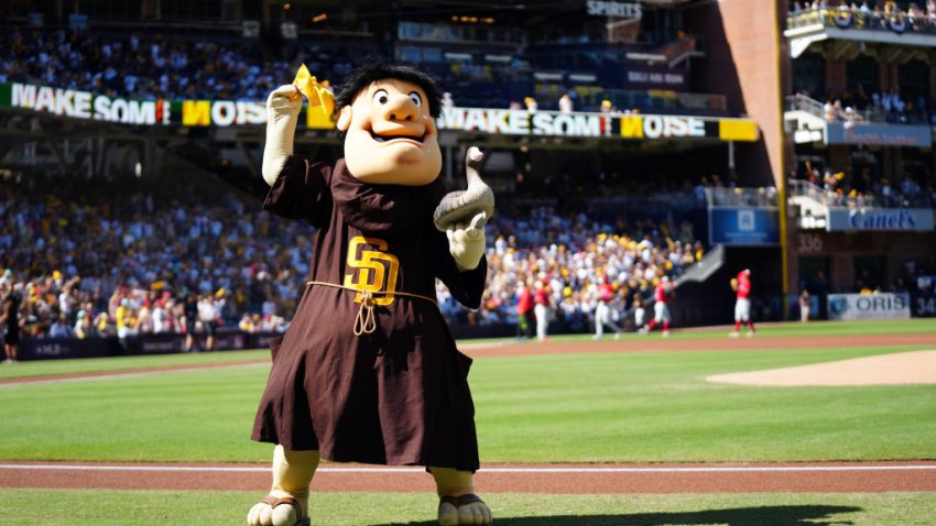 San Diego Padres mascot Swinging Friar is seen on field with the rally goose before Game 2 of the NLCS between the Philadelphia Phillies and the San Diego Padres at Petco Park on Wednesday, October 19, 2022 in San Diego, California.