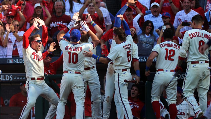 PHILADELPHIA, PENNSYLVANIA – OCTOBER 15: J.T. Realmuto #10 of the Philadelphia Phillies celebrates an in the park home run against the Atlanta Braves during the third inning in game four of the National League Division Series at Citizens Bank Park on October 15, 2022 in Philadelphia, Pennsylvania. (Photo by Tim Nwachukwu/Getty Images)