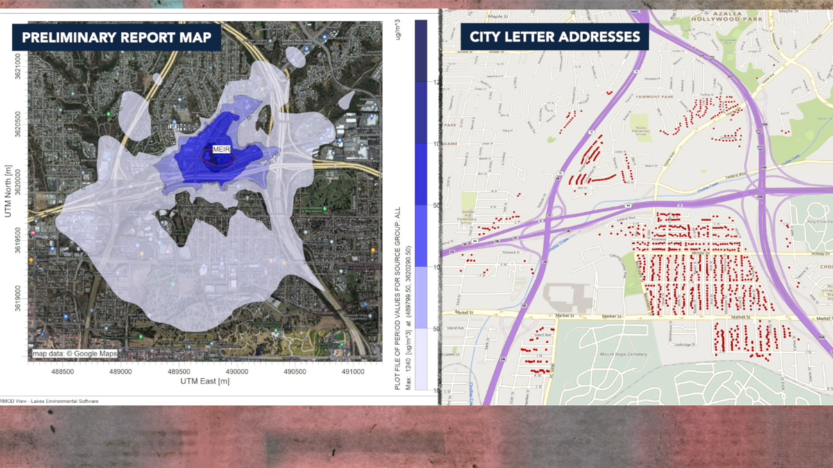 This side-by-side graphic shows a preliminary report map estimating lead exposure compared to a map of where city letters were sent.