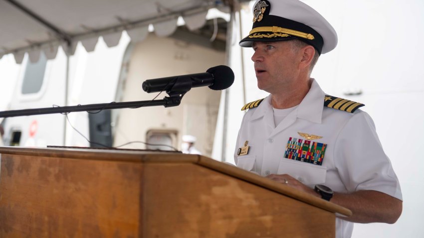 USS Somerset  commanding officer Captain John W. D. Kurtz, gives opening remarks during a 9/11 remembrance ceremony on the flight deck Sept. 11, 2020.