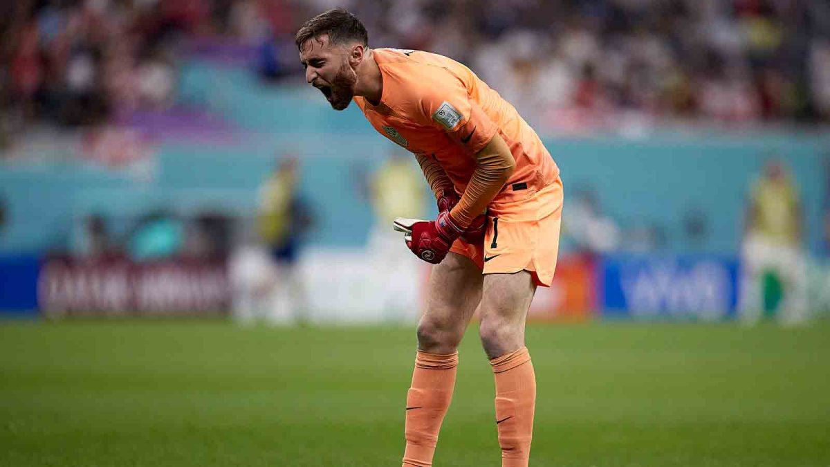 USA goalkeeper Matt Turner kicks a ball into the air to find out