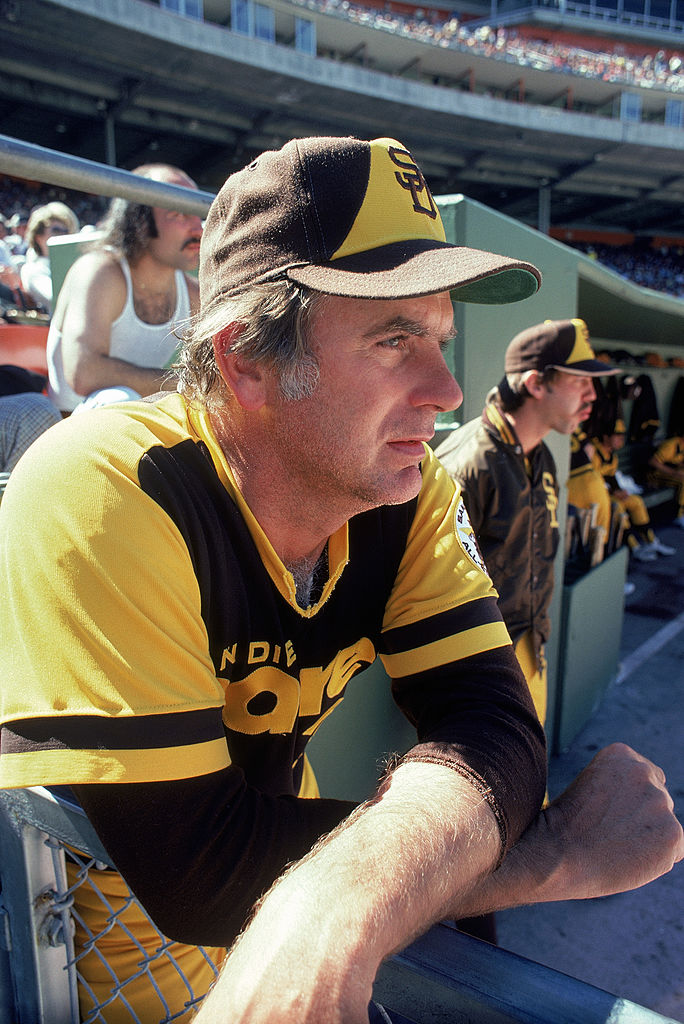 Gaylord Perry #36 of the San Diego Padres concentrates on play from the dugout during a game on April 8, 1978 against the San Francisco Giants at Candlestick Park in San Francisco, California. 