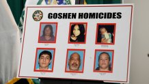 Visalia, CaliforniaJan. 17, 2023Tulare County Sherrif Mike Boudreaux holds a press conference in Vasalia, California on Jan. 17, 2023 regarding the shooting of six people in Goshen, CA. A poster of the victims of the Goshen homicides is displayed at the press conference. Six people were killed at a home in Goshen, California over the MLK holiday weekend. Tulare County sheriff deputies stand guard outside the property on Harvest Ave., blocked off with yellow tape, in Goshen on Jan. 17, 2023. (Carolyn Cole / Los Angeles Times via Getty Images)