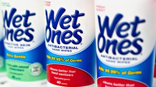 Wet Ones brand hand wipes sit on display in a supermarket in Princeton, Illinois, April 30, 2014.