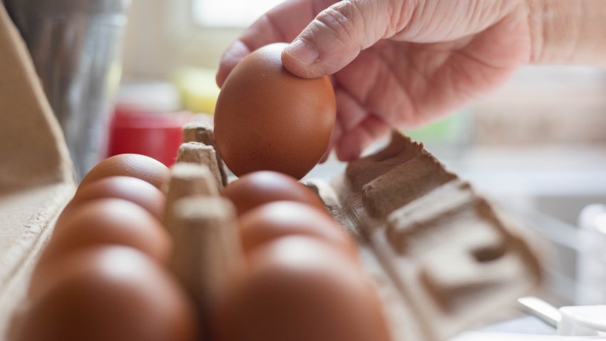 Box of brown eggs in hand on white background isolation