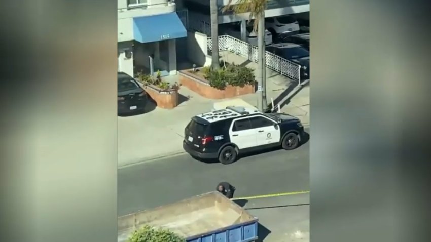 A police SUV parked following the shooting of a Jewish man in LA's Pico-Robertson neighborhood.