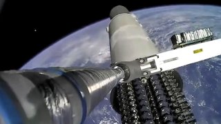 The upper stage of a Falcon 9 rocket deploys a stack of Starlink “V2 Mini” satellites in orbit on Feb. 27, 2028.