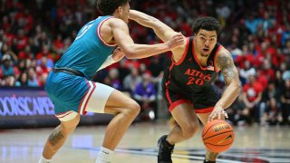 ALBUQUERQUE, NEW MEXICO – FEBRUARY 25: Matt Bradley #20 of the San Diego State Aztecs drives against Javonte Johnson #13 of the New Mexico Lobos at The Pit on February 25, 2023 in Albuquerque, New Mexico. (Photo by Sam Wasson/Getty Images)