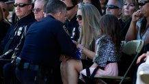 Riverside Police Chief Sergio Diaz presents the American flag to wife Regina Crain and daughter Kaitlyn,4, during the memorial service for slain Riverside Police Officer Michael Crain at Riverside National Cemetery on Feb. 13, 2013 in Riverside, California. Crain was killed in an ambush by Christopher Dorner as he sat in his police car at a red light on Feb. 7, 2013.  (Photo by Gina Ferazzi/Los Angeles Times via Getty Images)