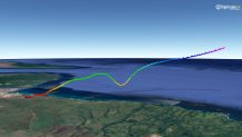An image showing the flight path of United Airlines 777 from Kahului to San Francisco. A line traced along the globe shows how close the plane was to the ocean during it's sudden dive.