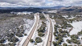 Drone shots show snow in Pine Valley, San Diego County on Feb. 26, 2023.