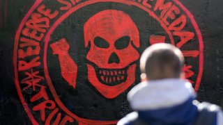 A repainted mural depicting the logo of Russia’s Wagner Group on a wall in Belgrade, Serbia, on Jan. 19, 2023.