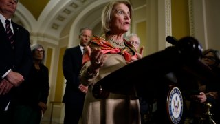 Sen. Shelley Moore Capito (R-WV) talks to reporters during a news conference following the weekly Senate Republican policy luncheon at the U.S. Capitol on February 28, 2023 in Washington, DC.