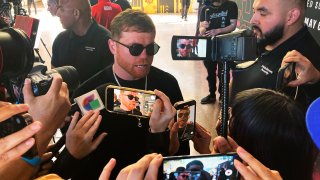 Super middleweight champion Canelo Alvarez speaks to the media before a news conference in San Diego on Thursday, March 16, 2023. Alvarez is taking a massive pay cut to fight in his native Mexico for the first time in 11 ½ years when he takes on Britain’s John Ryder on May 6.