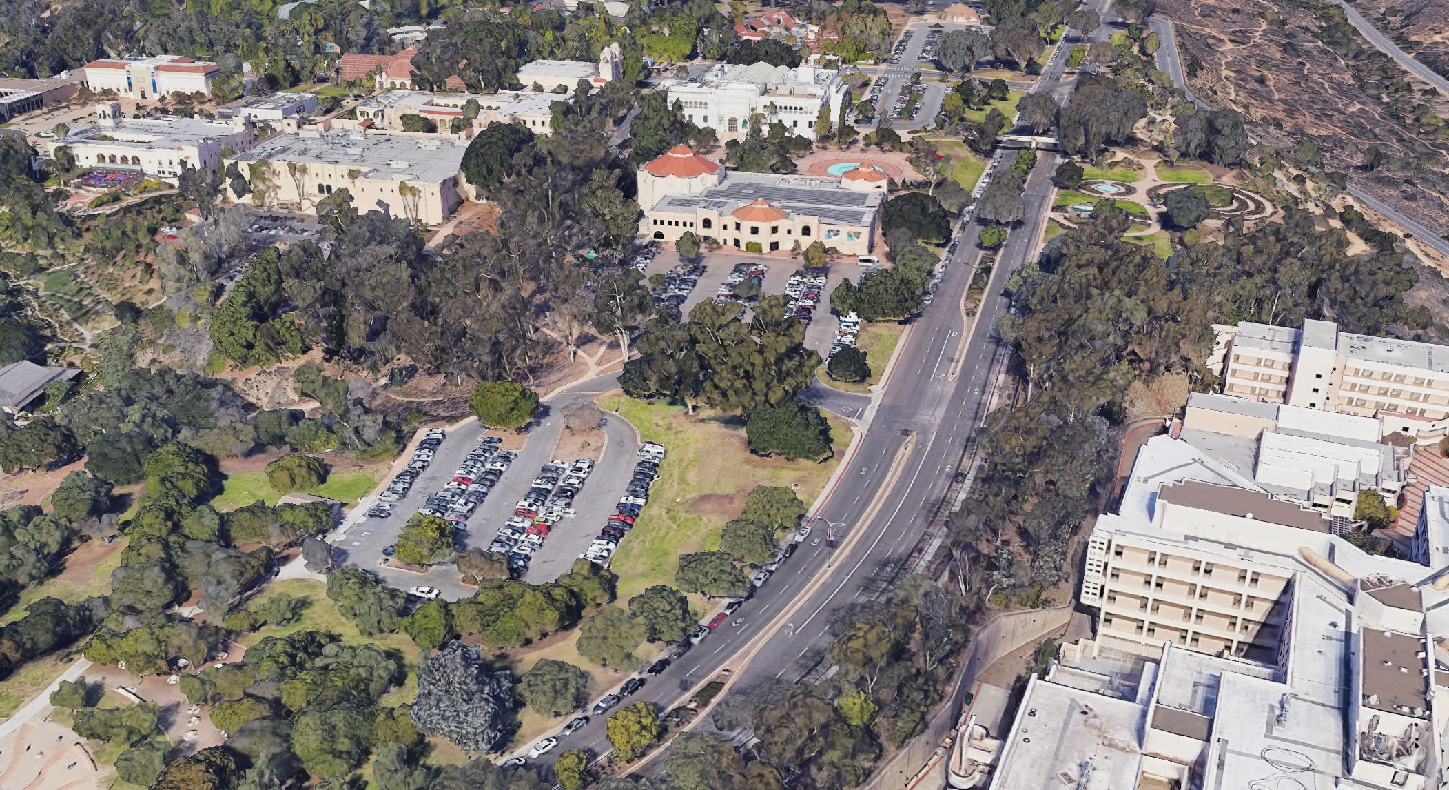 A Google Earth image shows Park Boulevard before restriping that would eliminate 300 street parking spaces from the area. 
